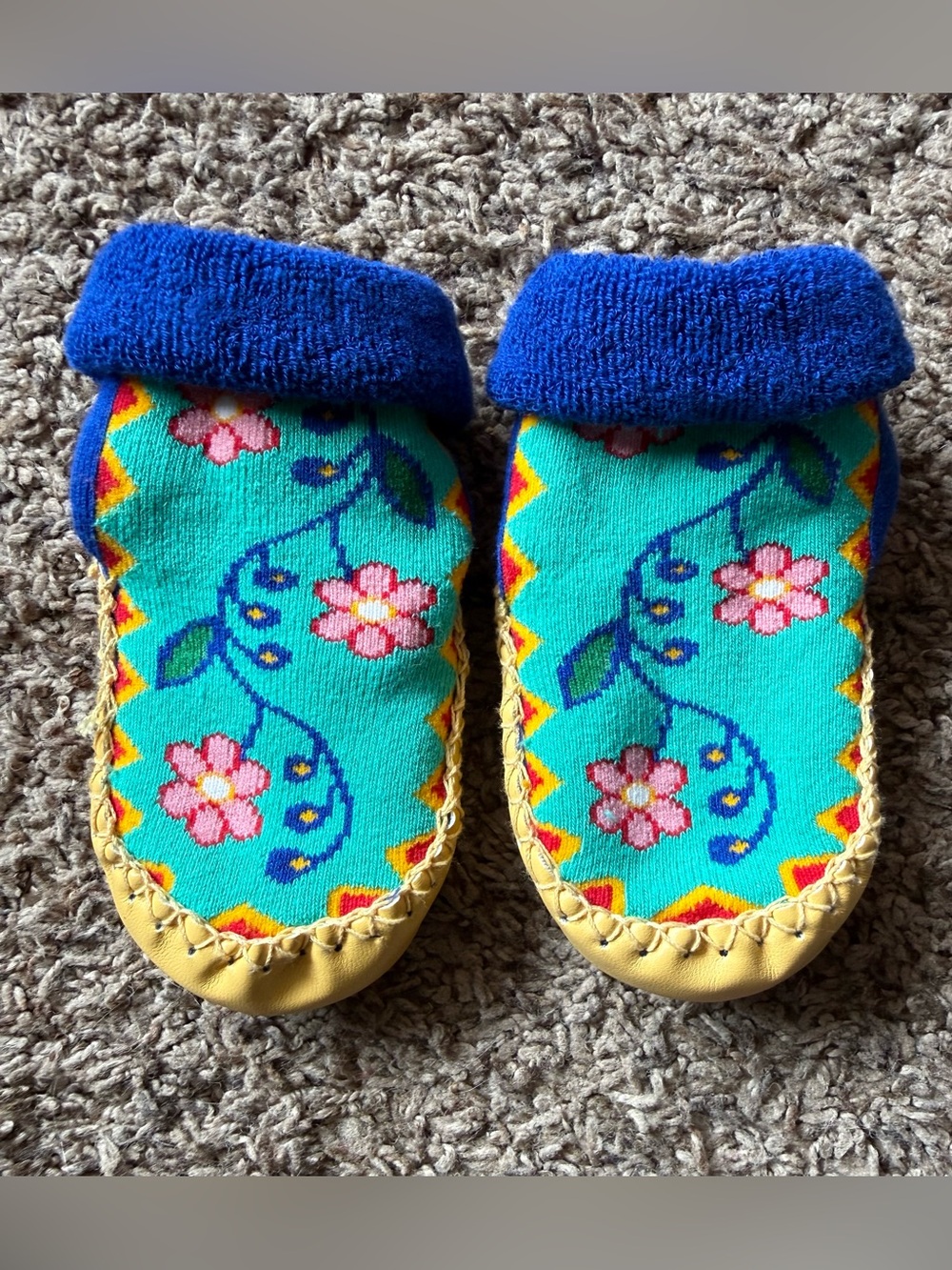 Kids Floral Moccasin Slippers - Blue & Turquoise
